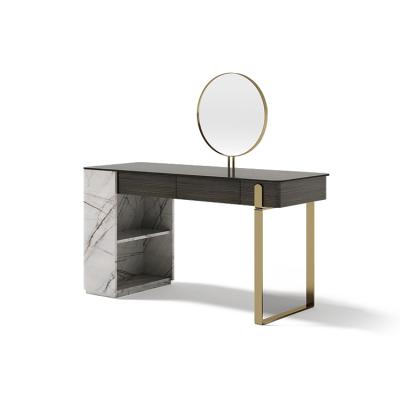 China Storage Home Furniture Wood Dressing Table Marble Modern Bedroom Makeup Vanity Table Set With Round Mirror for sale