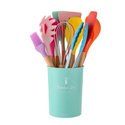 China Viable 11 Pcs Set Colorful Wooden Handle Kitchen Tools Include Spatula Tong Slotted Spoon Turner Whisk Brush for sale