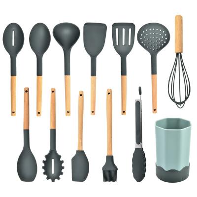 China 12 Pcs Sustainable High Quality Non-Stick Cooking Spatula Set With Food Safety Silicone Wooden Handel Utensil Sets for sale