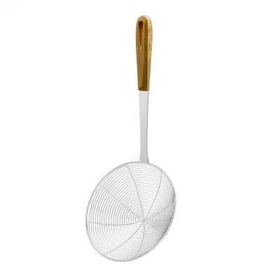 China Sustainable 2022 Stainless Steel Strainer Colander Scoop For Draining Pasta For Frying Skimmer With Heat Resistant Wooden Handle for sale