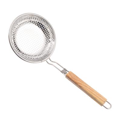 China Factory Supply Stainless Steel Strainer Handle Soymilk Filter Wooden Direct Viable Strainer Oil Grid Leakage Kitchen Punch Instruments for sale