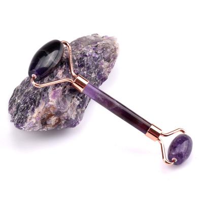 China High Quality Natural Anti Aging Purple Amethyst Jade Quartz Double Roller Facial Roller Gua Sha Sha With Box for sale