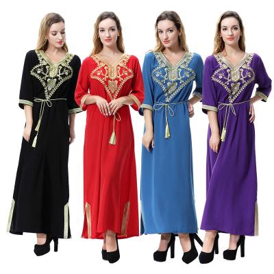 China Arab Ethnic Embroidered Islamic Dress Women's Long Sleeve Muslim Long Sleeve Woolen Dress Fashionable Anti-static Gold Peach Evening Dress for sale