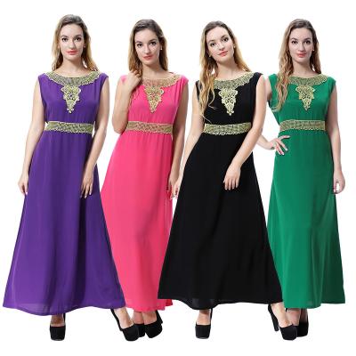 China Anti-static temperament woolen peach gold long dress dress evening dress muslim arabic embroidered ethnic islamic women muslim sleeveless for sale