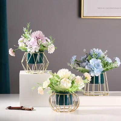 China Decorative indoor artificial flower potted with flower pot and iron ceramic pot holder for decoration for sale