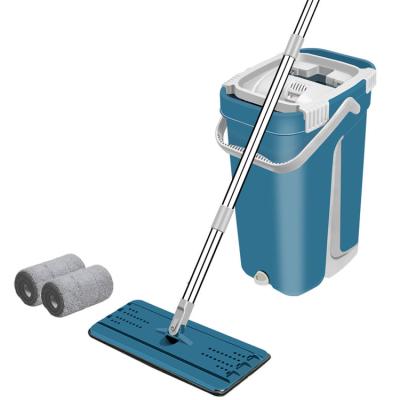 China Minimalist Multifunctional High Quality Foldable Portable Home Cleaning Blue Set of Flat Floor Broom and Bucket for sale