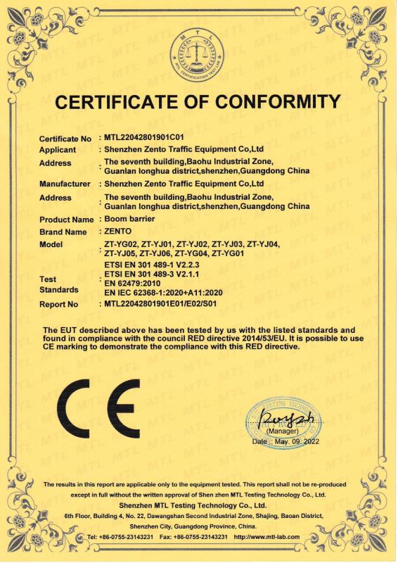 ETSI EN 301489-1 V2.2.3 ETSI EN 301489-3 V2.1.1Test EN 62479:2010: EN IEC 62368-1:2020+A11:2020 - Shenzhen Zento Traffic Equipment Co., Ltd.