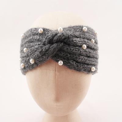 China 85%Acrylic Special Yarn Rib Knitted Headband Beaded Elastic Hairband for sale