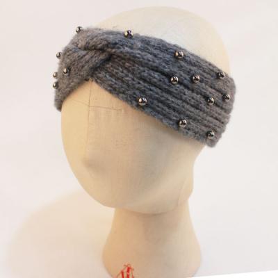 China 80%Acrylic Elastic Yarn Rib Beading Knit Hairband Beaded Knit Headband for sale