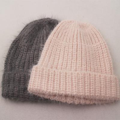 China COMMON Imitated Mint Fur Fuzzy Knit Hat Solid Color Knit Hat Knitting Beanie for sale