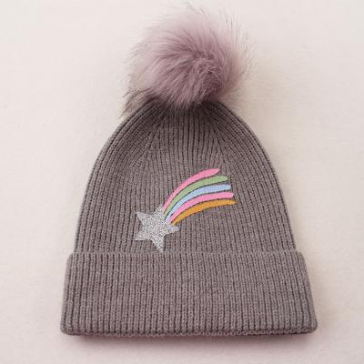 China COMMON New Style Rubber Print Knit Hat Faux Fur Pompom Knit Hat For Girls for sale