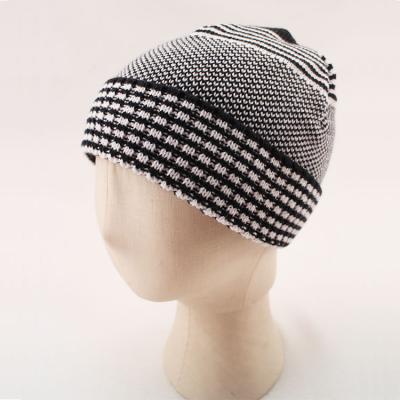 China COMMON low price unisex stripe jacquard with fleece liner knit Beanit knit hat knit hat for sale