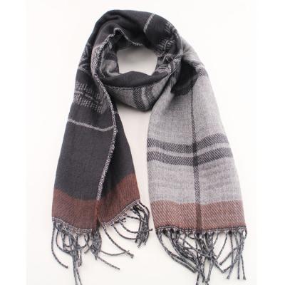 China 100% tassel woven scarf high quality acrylic jacquard brushed scarf with leather patch for men for sale