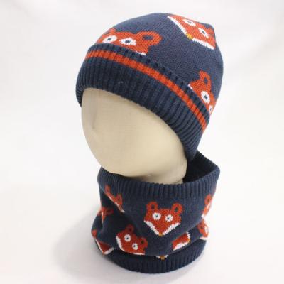 China JOINT Fox high quality cute jacquard knit beanie and snood with Sherpa striping warm set winter set for boys for sale