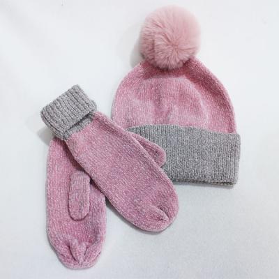 China COMMON Fancy Chenille Imitation Fur Pompom Knit Hat And Gloves Set Winter Warm Chenille Set For Women for sale