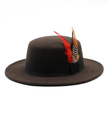 China Character Flat Top Fedora Hats with Natural and Bright Feather Accessories for sale