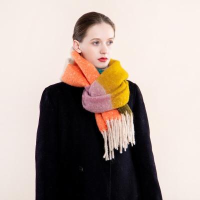 China Colorful Mohair Striped Scarfs Striped Fringe Scarf Women Horizontal Checked Tassels Shawl for sale