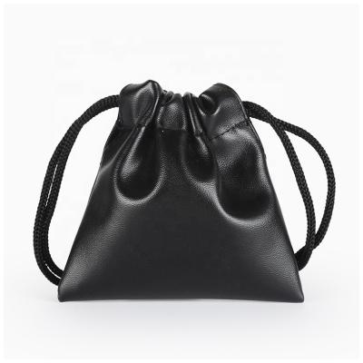 China Recyclable Wholesale Customization Jewelry PU Drawstring Packaging Pouch Black Leather Bag for sale