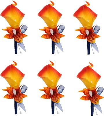 China Polyester & Polyester Blend Artificial Amazon Boutonniere Flowers for Wedding Home Decorative Hot Orange and Dark Navy Calla Lily with Silk Orchid for sale