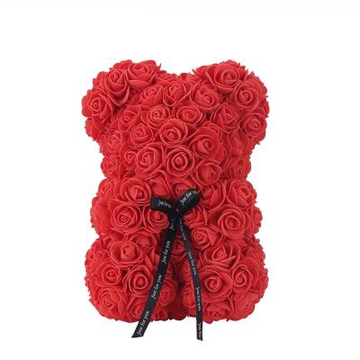 China Wedding Handmade Preserved PE 25CM Rose Bear Teddy Bear Valentine Day Gifts Artificial Colorful Red Rose With Ribbon for sale