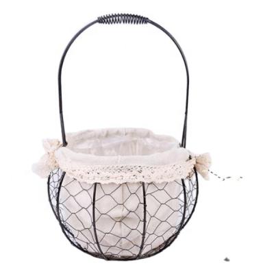 China Sustainable Wholesale Home Decor Picnic Ball Shape Dark Brown Large Size Metal Wire Cloth Food Fruit Prep Storage Flower Basket With Handles for sale