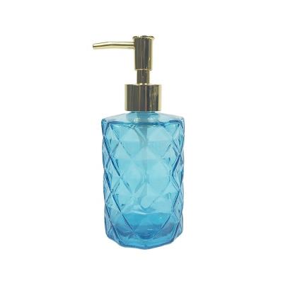 China New Design Viable Wholesale Home Decorative Bathroom Full Size Spray Blue Glass Jars And Bottle 350ML Jar With Gold Pump Lid for sale