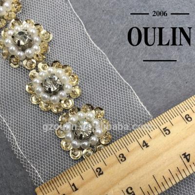 China Gold color viable sequins flower type trims yard trims with rhinestones design using on dress lace trims to weed dress for sale