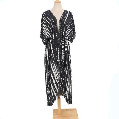 China 100% Polyester Tie Dye Kaftan Long For Women Girls Shawl Beach Suit Kimono Summer Oversized Black White Printed Soft Cape 2021 New For Bikini for sale