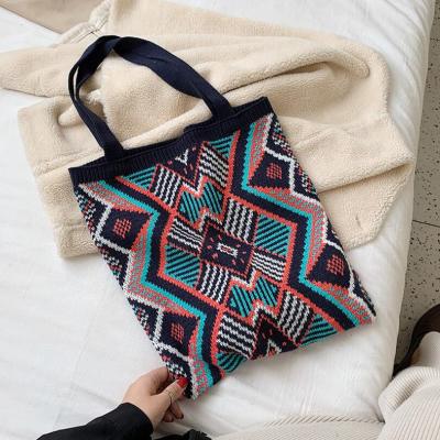 China Latest Knit Shoulder Bag For Women Girls Tote Bags New Winter Ethnic Shopping Geometric Handbag 2021 for sale