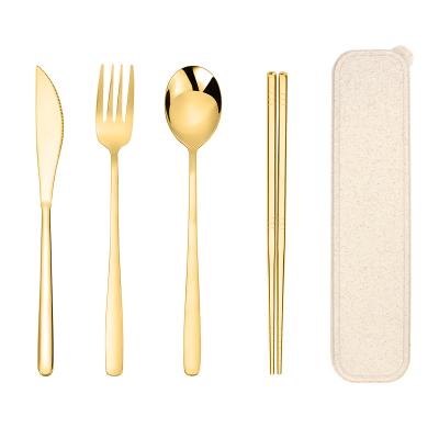 China Korean Viable Flatware Set Knife Chopsticks Spoon To Fork Colorful Handle Gold 4PCS Cutlery Set for sale