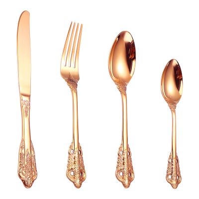 China Reusable Reusable Royal Rose Gold Wedding Flatware Set Design Metal Cutlery Set New for sale