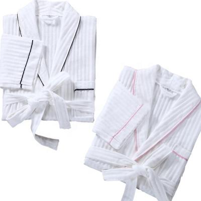 China New Breathable Waffle Fabric For Bathrobe 100% White Cotton Stripe Waffle Long Robes Bathrobe With Piping for sale