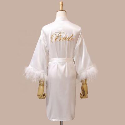 China QUICK DRY luxury feather satin kimono soft silk long robes for bride and bridesmaid morning dress for sale