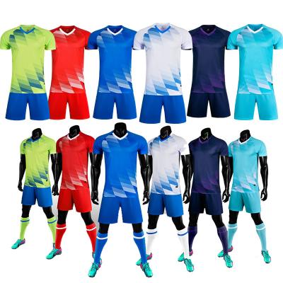 China Sets sublimation Breathable Soccer Jersey Blue Yellow Green Colors Football Uniform Cheap Price for sale