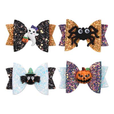 China Environmental Friendly Funny 3 Inch Children's Holiday Party Accessories Hairpin With Cartoon Resin Halloween Glitter Sequin Bow Hair Clips For Girls for sale