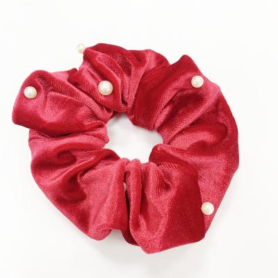 China 2021 Autumn Winter Fashion Hair Accessories Designer Custom Pure Red Color Attractive Beads Embellished Velvet Scrunchies For Women for sale