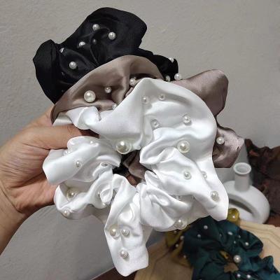 China 2021 Popular XXL Fashion Women's Large Pearl Elastic Satin Fashion Silk Oversized Hair Band Hair Scrunchies for sale