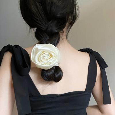 China Old style vintage flower scrunchies french hair bands satin silk handmade hair ties luxury white rose scrunchy girls for sale