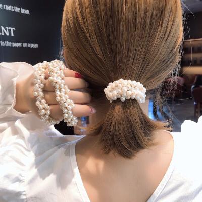 China Attractive Korean Basic Hair Ties Full Faux Pearls Pearl Hair Holder Elastic Gold Wire Ponytail Bands for sale