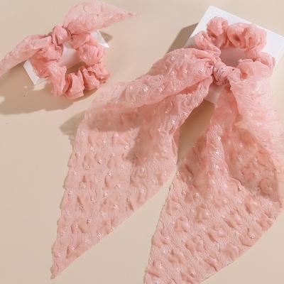 China 2021 New Arrival Q&Y Attractive Soft Girls Soft Hair Elastic Fairy Pink Fairy Pink Bubble Pleated Long Scarf Bowknot Scrunchies Set for sale