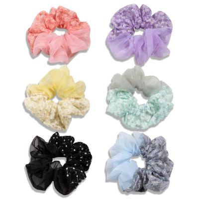 China Sweet Scrunchies Women Daisy Flower XL Embroidery Mesh Lace Spliced ​​Scranchies Large Attractive Oversized Organza Q&Y for sale