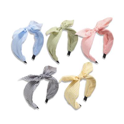 China Sweet+Korean 2021 New Designer Plain Headband Women Girls Summer Cool Sweet Plaid Knotted Bunny Ear Hairband for sale