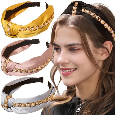 China 2021 New Arrival Sweet Beads Embellished Chain Headband Wide Knotted Headband Vintage Women Headband for sale