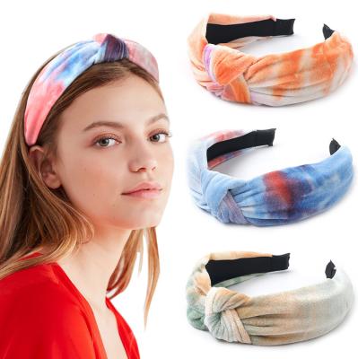 China New Arrival Soft Pastel Color Hair Headwear Tie Dye Knotted Hairband Thick Padded Velvet Headband for sale