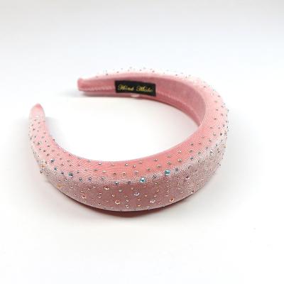 China New Arrival Solid Color Faux Stone Crystal Embellished Padded Velvet Thick Soft Headband for sale