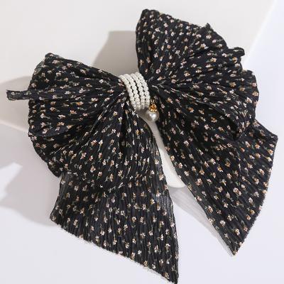 China Q&Y New Korean Attractive Knotbow Long Scarf Bow Clip Women's Fashion Floral Printing Pearl Embellished Chiffon Bow Hair Barrettes Clips for sale