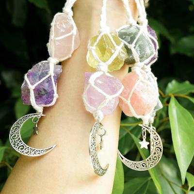 China China Handmade Home Decor Macrame Rock Crystal Raw Stone Car Hanging Ornament for sale