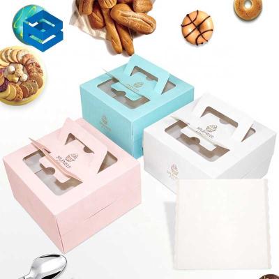 China Recyclable Wholesale Window Cake Boxes White Cardboard Square Bakery Packaging Box for Cake with Handle for sale