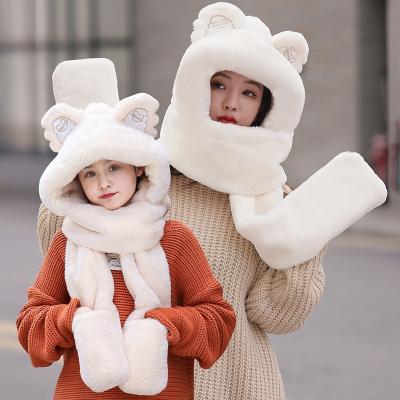 China 2021 New Mom and Kids Style Three in One Glover Warm Winter Cute Integrated Plush Scarf Hat One-Piece Scarf for sale