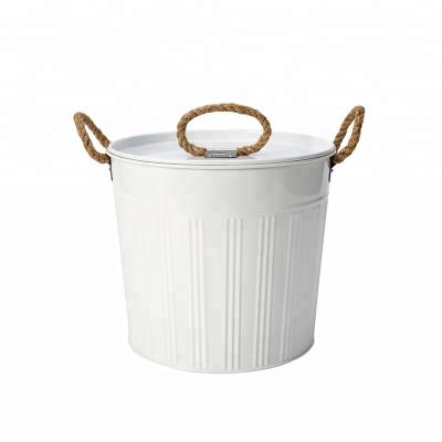 China Sustainable white metal beer ice bucket with wooden handle for sale